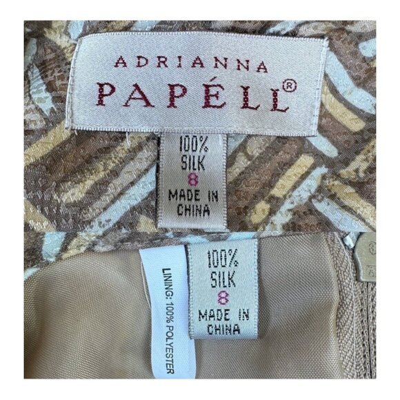 Adrianna Papell Silk Jacket & Skirt Set Geometric Print Size 8 Beige/Brown - Picture 6 of 13